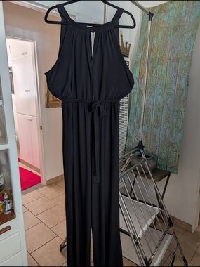 Emma & Michele Elegant  Black Sleeveless Halter Jumpsuit with Waist Tie